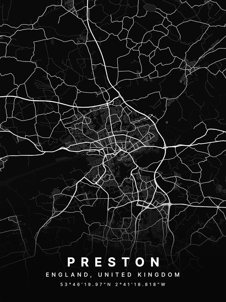 Preston England Black Map