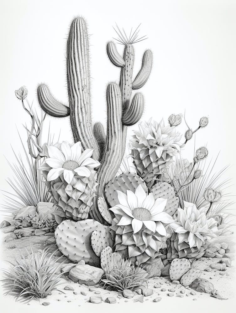 Vintage Cactus Illustration Bunny Ear Cactus B&W