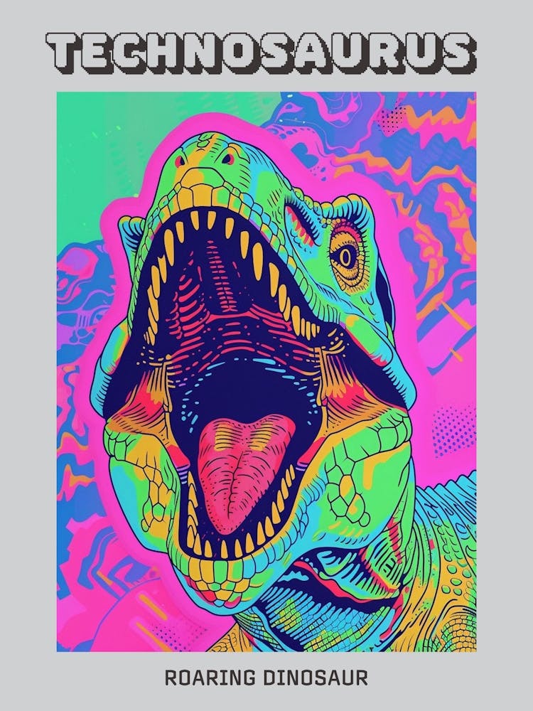 Roaring Neon Dinosaur Portrait Poster