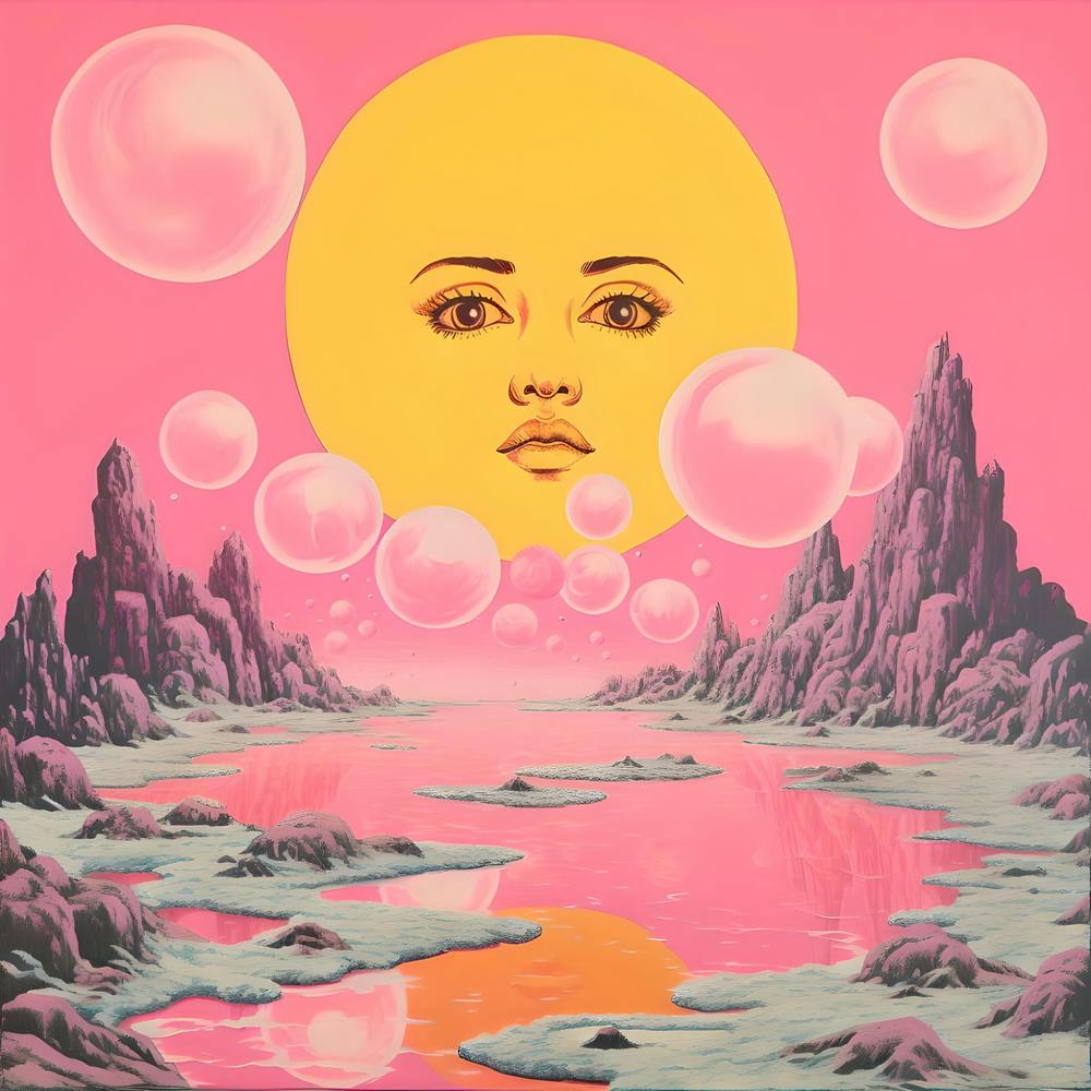 Risograph Style Surreal Scene, Vibrant Trippy Candy Colours 6