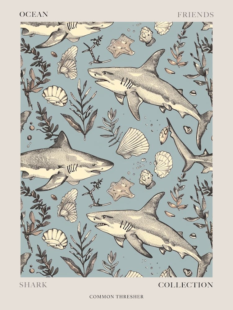 Pastel Blue Common Thresher Watercolour Seascape Pattern 2 Poster