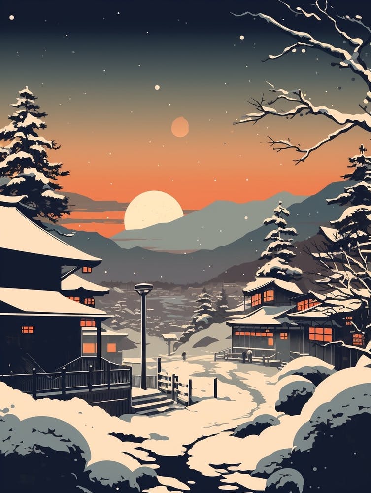 Winter Travel Night Illustration Nagano Japan 2