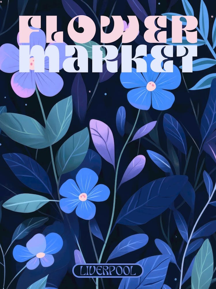 Liverpool city print flower market poster in dark blues, retro aesthetic floral illustration with 70s style typography, vintage travel prints perfect for eclectic living rooms, bedrooms, kitchens, entryways
