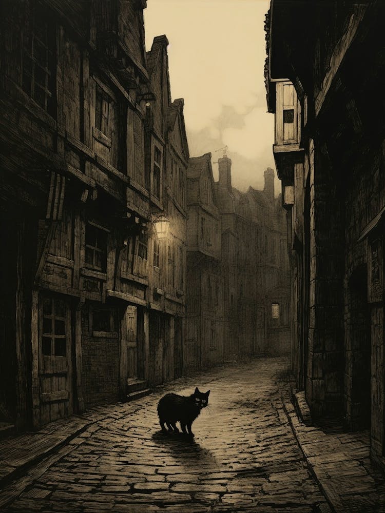 Spooky Black Cat In Smoky Medieval Street Under Spotlight