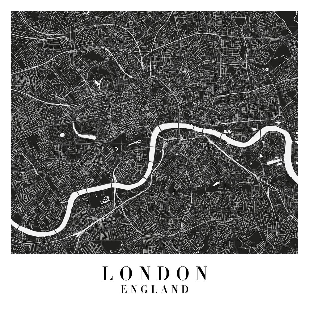 London England Minimal Black Mono Street Map  Square
