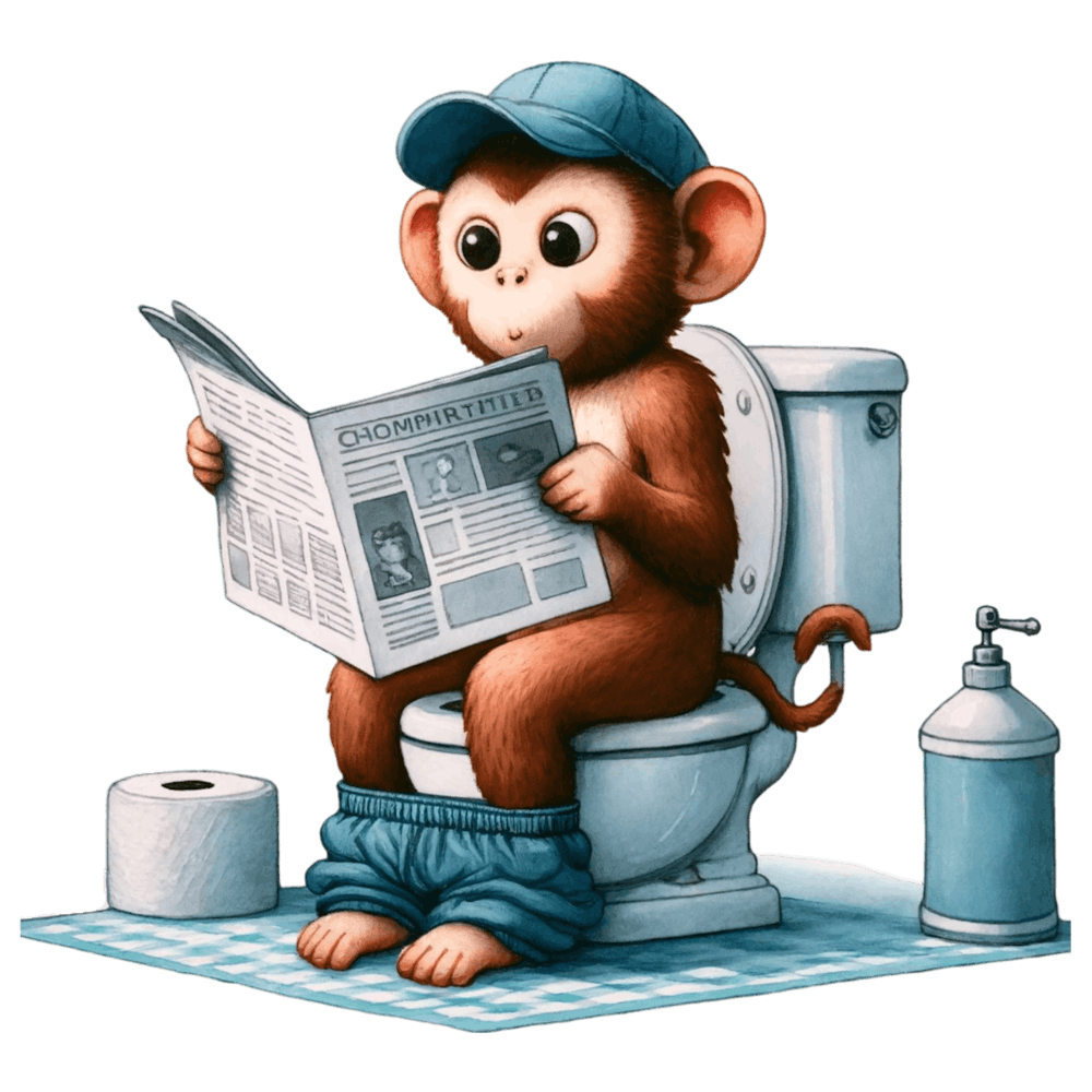 Monkey Reading Newspaper on Toilet