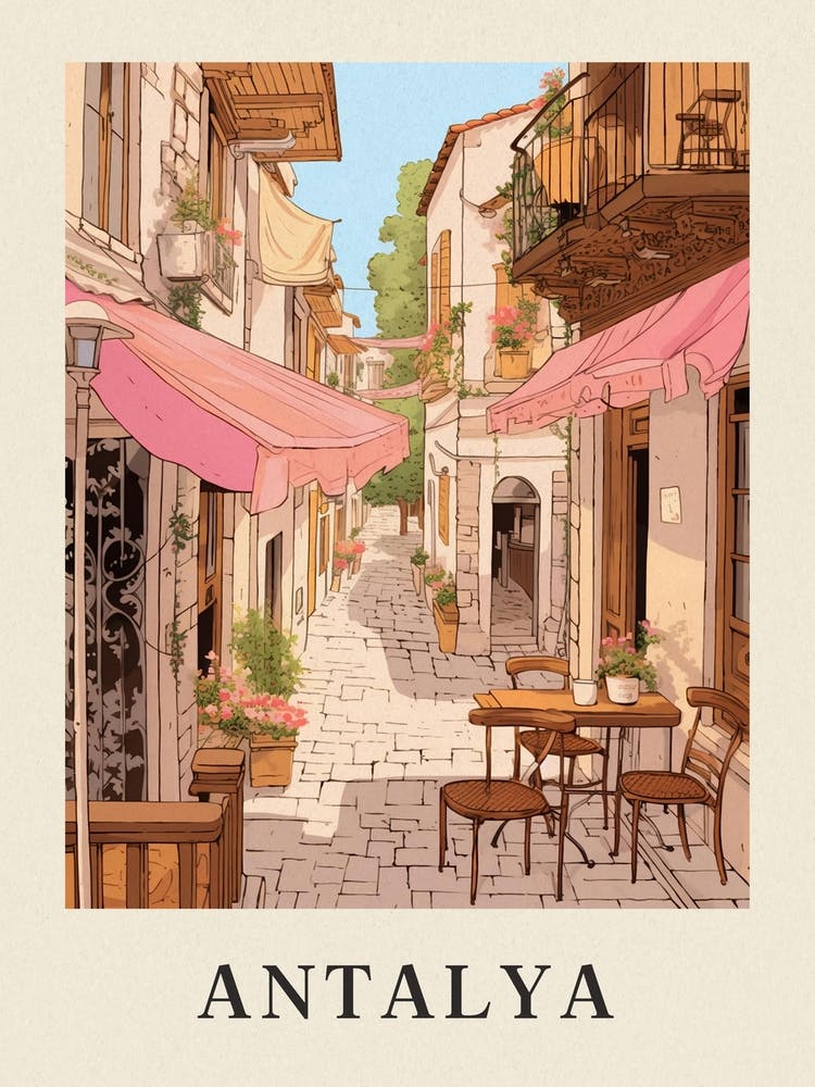 Antalya Turkey 2 Vintage Pink Travel Illustration Poster
