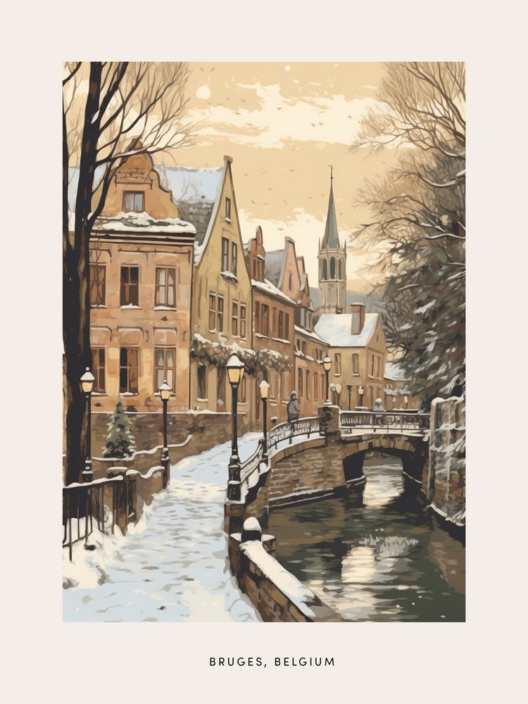 Vintage Winter Poster Bruges Belgium 4