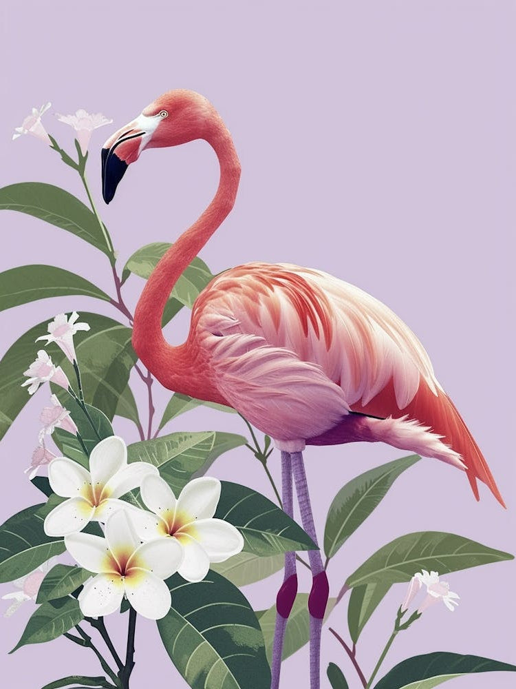 American Flamingo And Plumeria Minimalist Illustration 4
