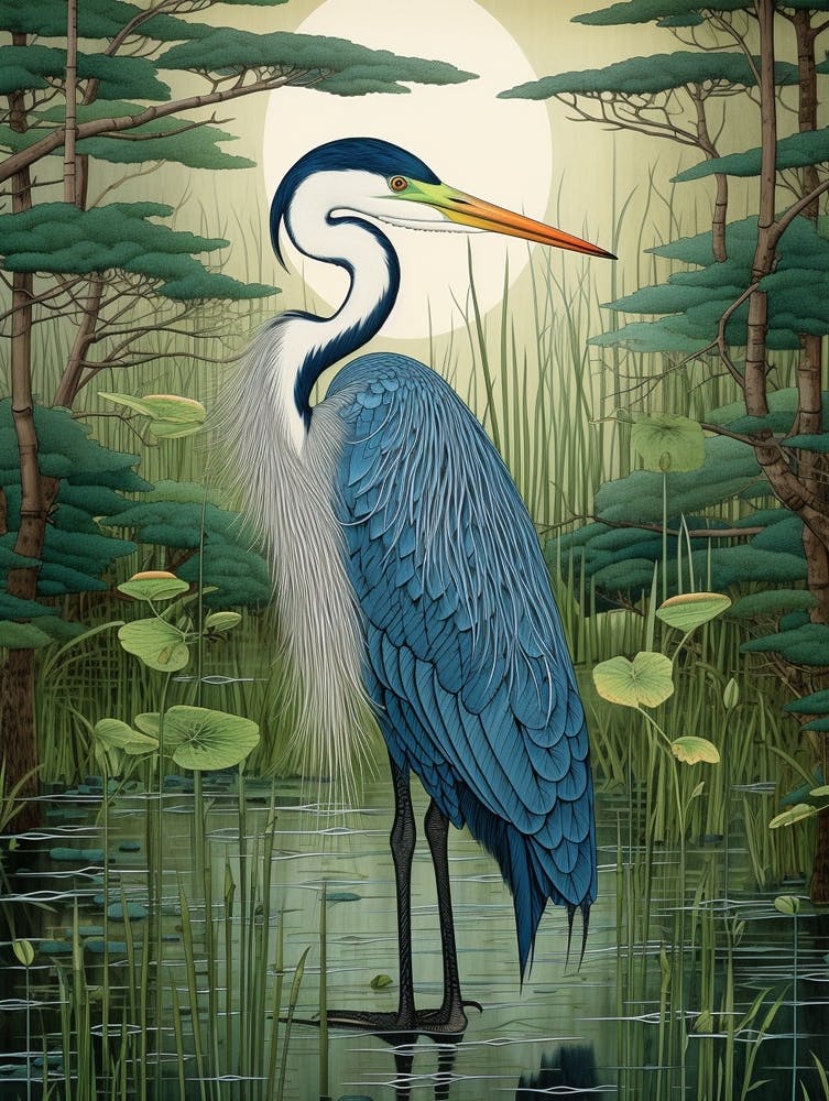 Ohara Koson Inspired Bird Painting Great Blue Heron 3