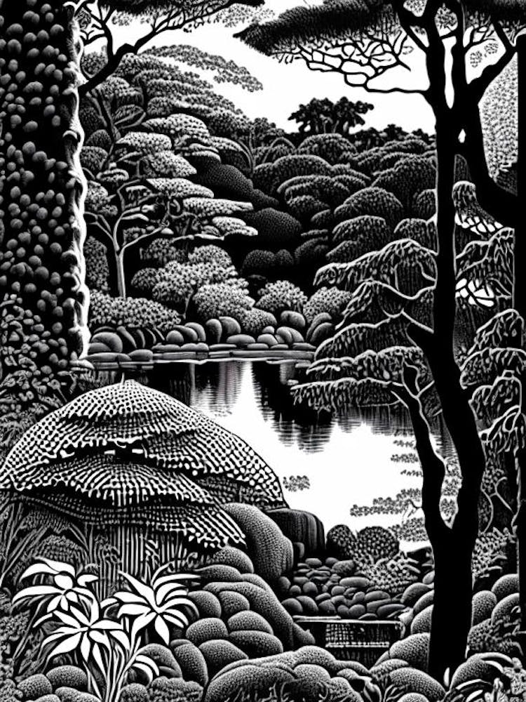 Portland Japanese Garden, Usa Linocut Black And White Vintage