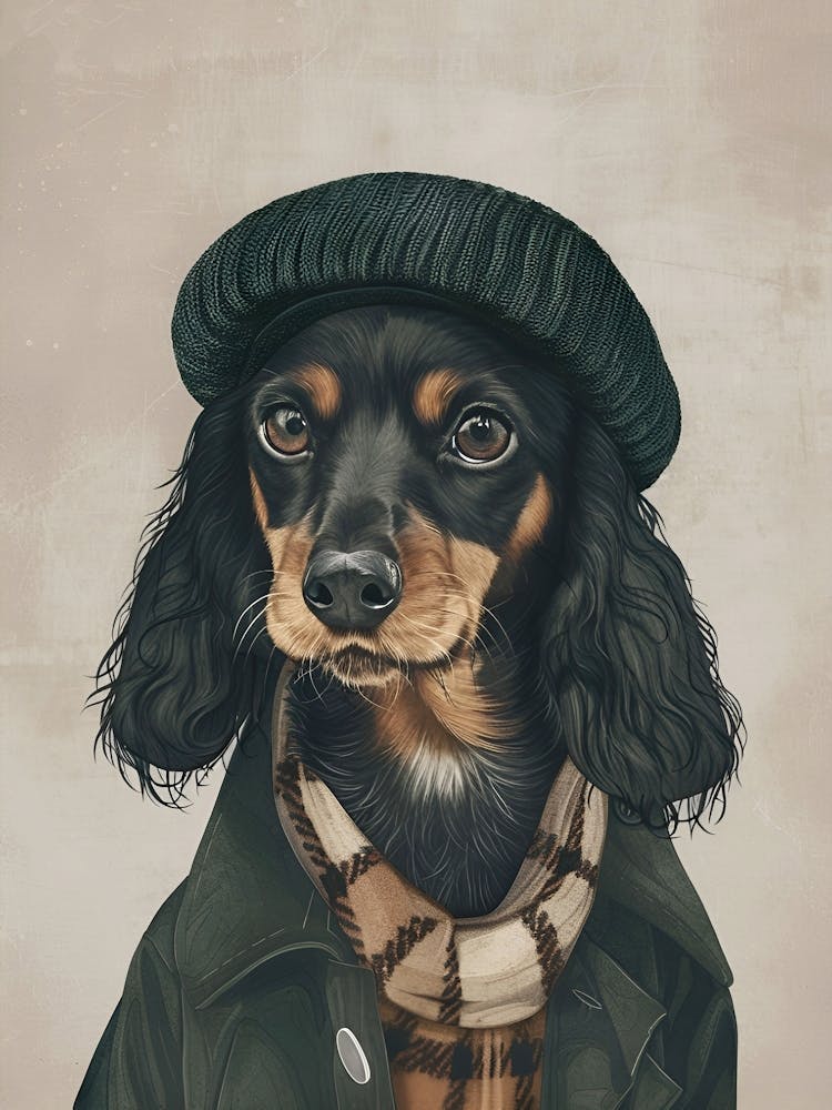 Dachshund Wearing Beret, Dog Portrait, Dark and Moody Colors