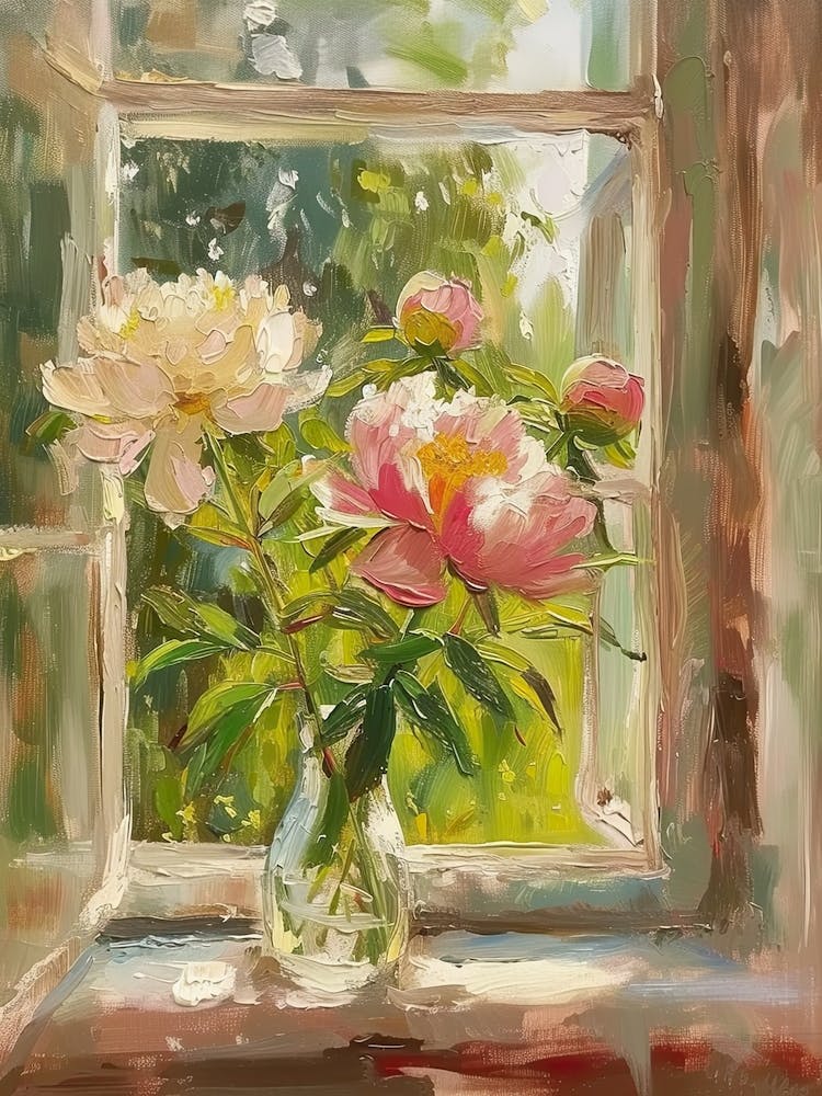 Peony Flowers On A Cottage Window 3