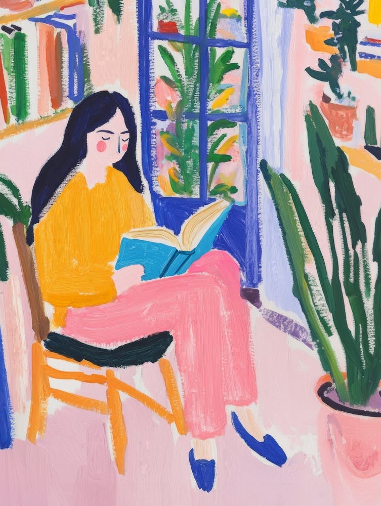 Woman Reading in Store Gouache Painting