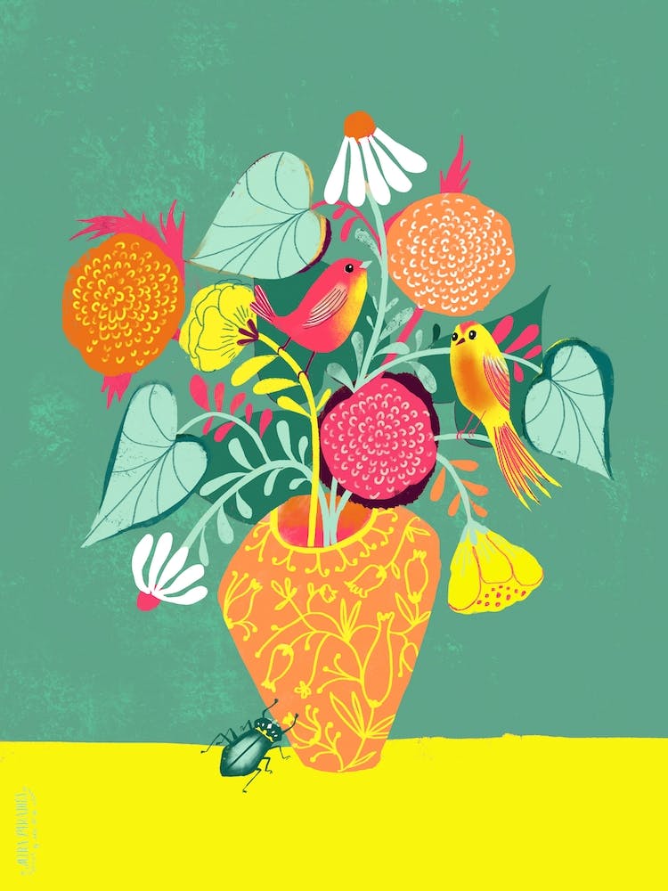 Bouquet With Birds And Bug