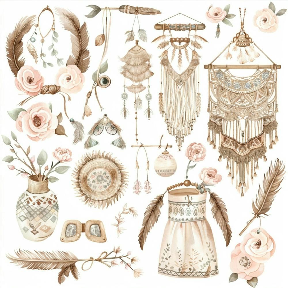 Schönes Clip-Art-Layout Für Boho Babyartikel In Hoher Detailgenauigkeit, UHD, Weißer Hintergrund, Keine Schatten, Extrem Hohe Auflösung