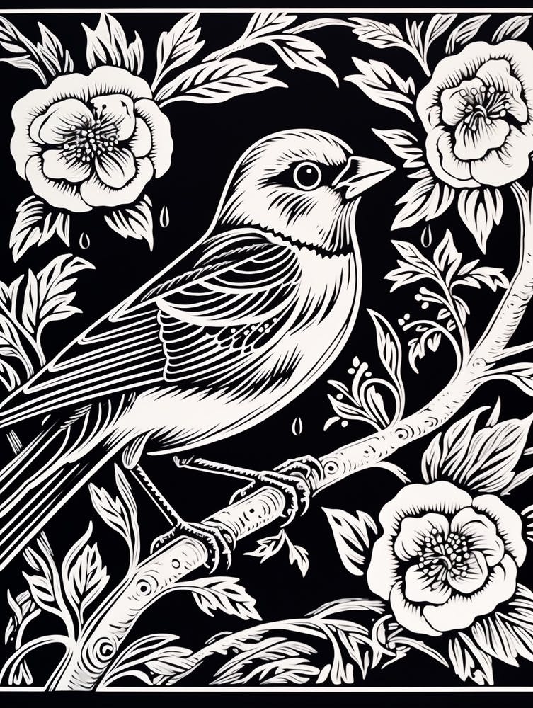 B&W Bird Linocut American Goldfinch 3