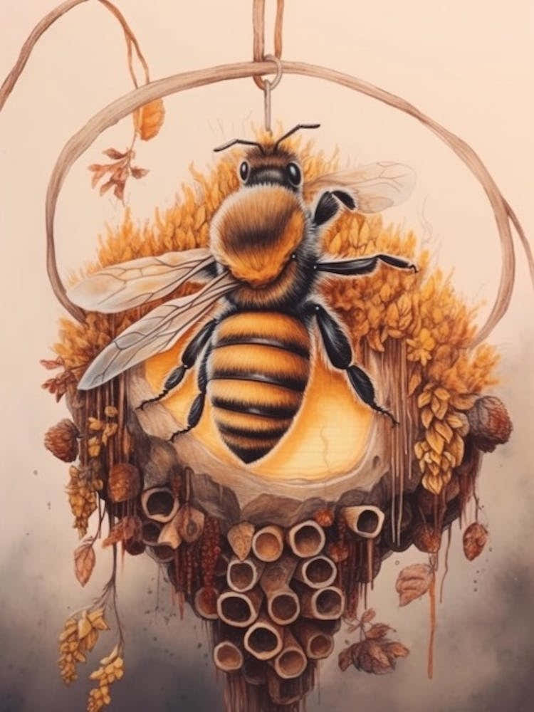 Brown Banded Carder Bee Beehive Watercolour Illustration 4