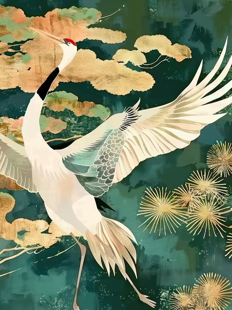 White Cranes Painting Gold Blue Effect Collage 8
