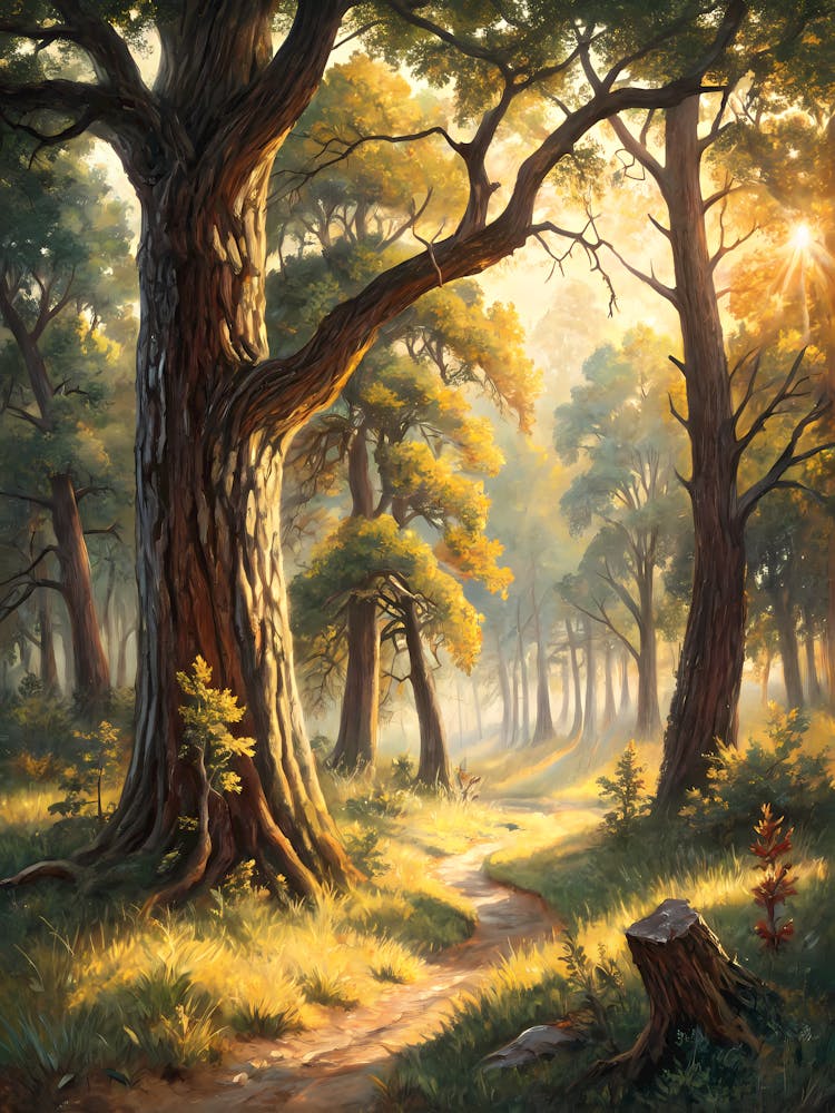 A Forest Clearing with Sunlight Beams Oil Painting Style