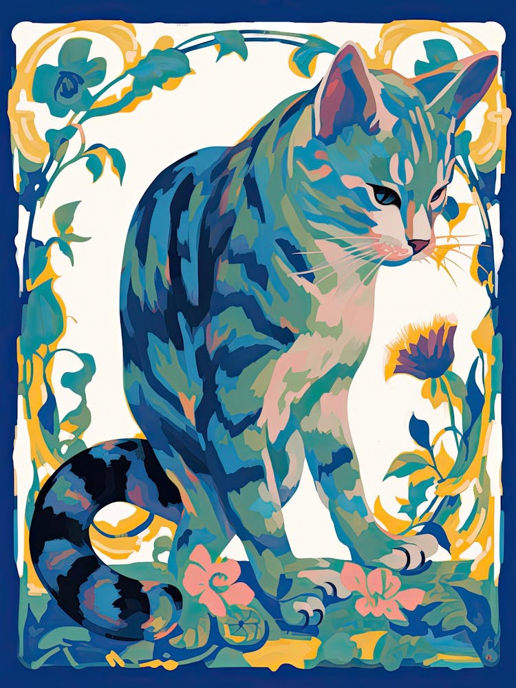 Blue Cat Botanical Art Nouveau Style