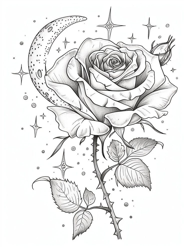 Rose With A Moon Line Drawing 2