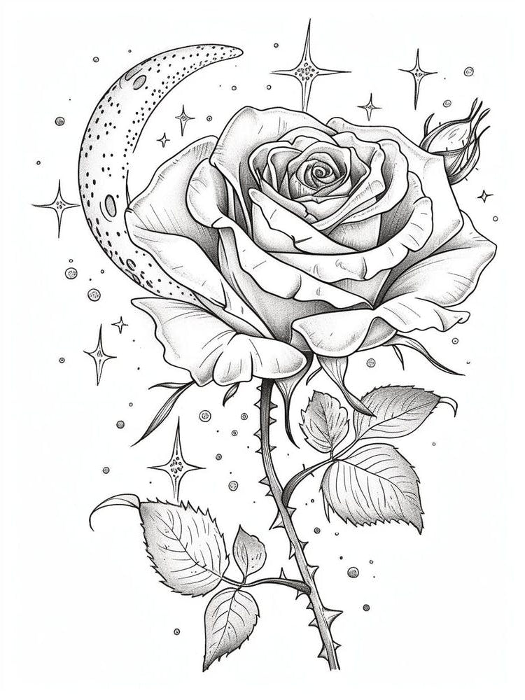 Rose With A Moon Line Drawing 2