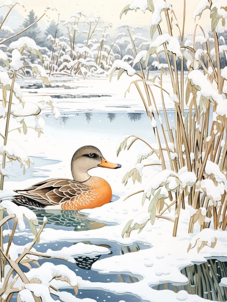 Winter Bird Painting Mallard Duck 3