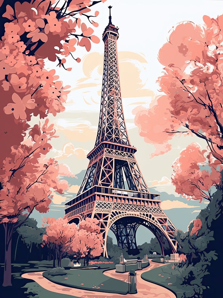 Eiffel Tower, Paris France   Cute Botanical Illustration Travel