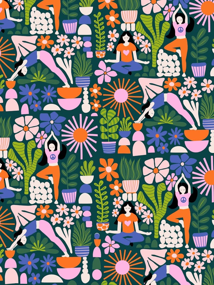 Multicolor Women Doing Yoga Poses and Mindful Meditation on Dark Green