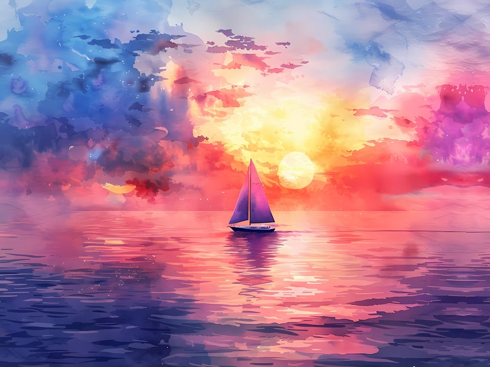 Watercolor Sailboat At Sunset 5