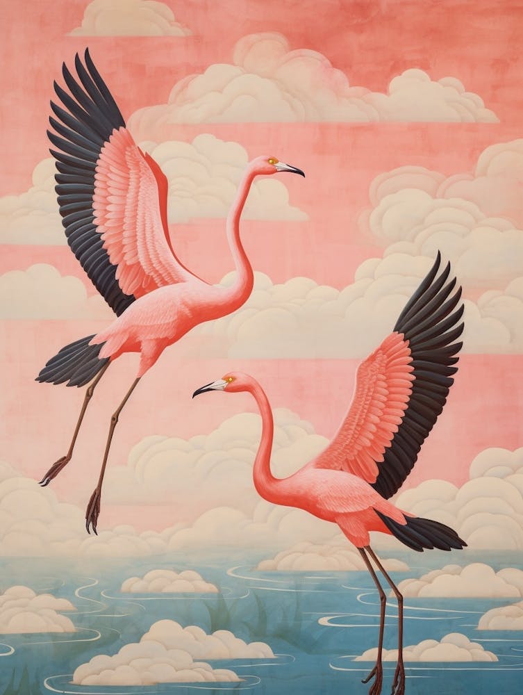 Vintage Japanese Inspired Bird Print Greater Flamingo 3