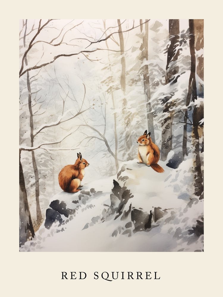 Winter Watercolour Red Squirrel 2 Poster