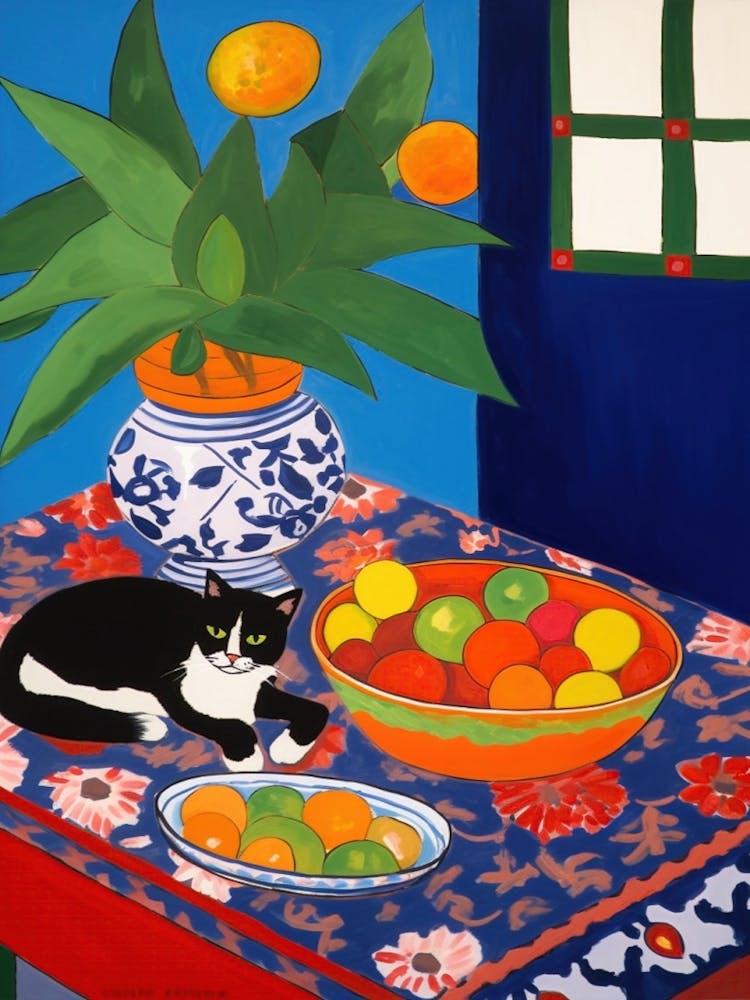 A Painting Of A Still Life Of A Bourvardia With A Cat In The Style Of Matisse 3