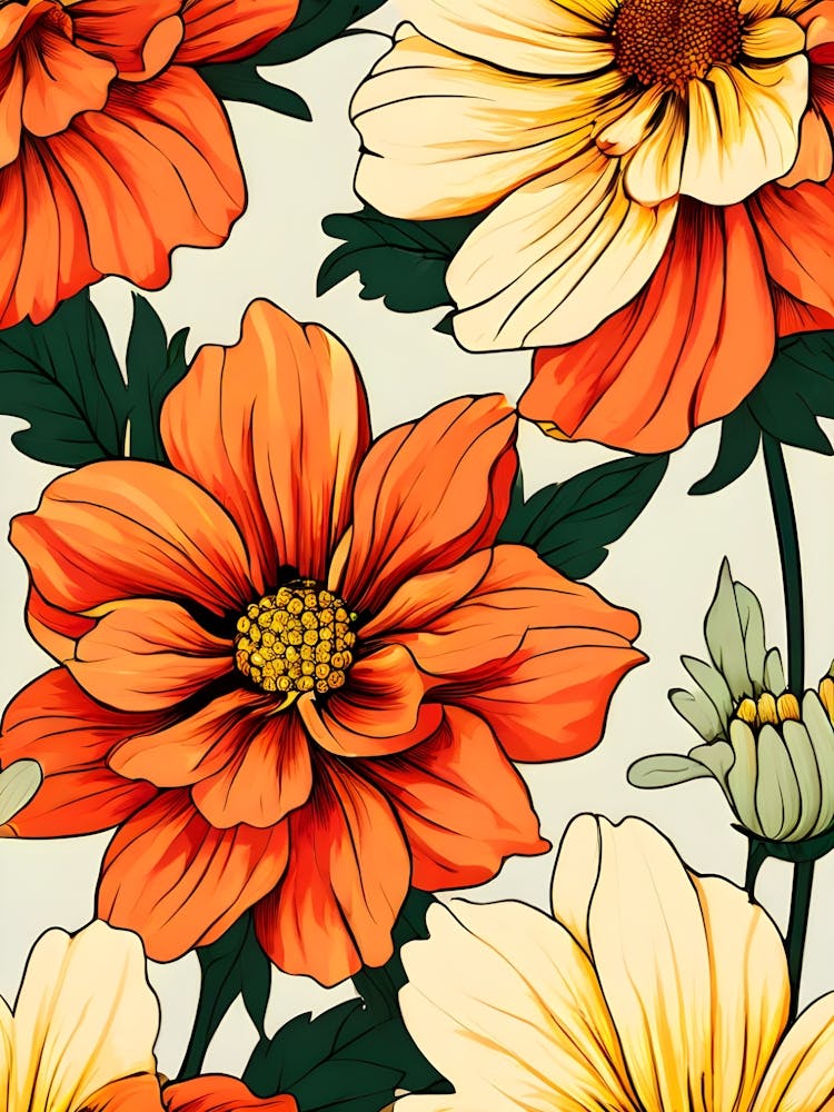Seamless Pattern With Orange Flowers