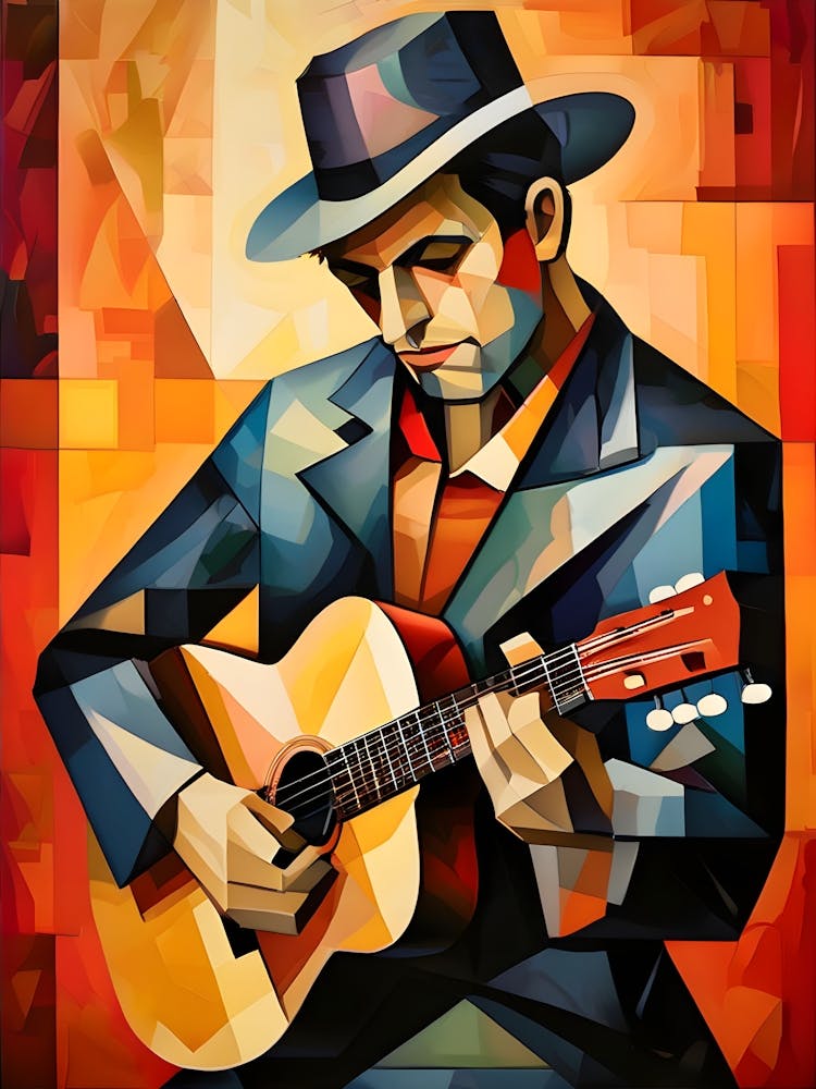 Cubist Portrait Musician Playing A Guitar