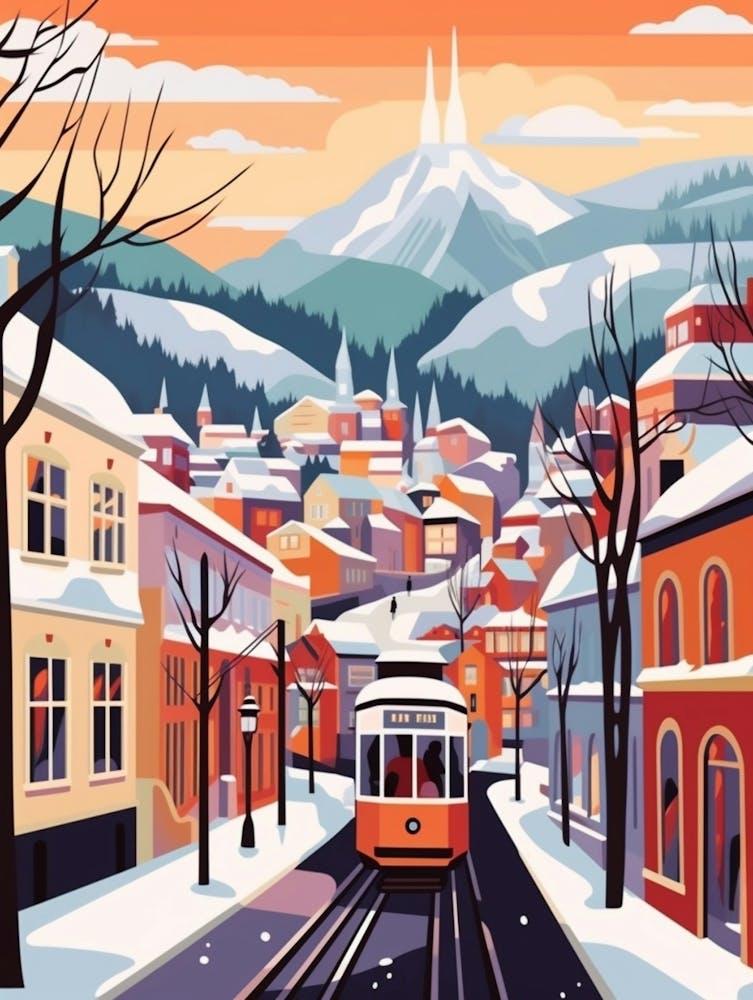 Vintage Winter Travel Illustration Bergen Norway 4