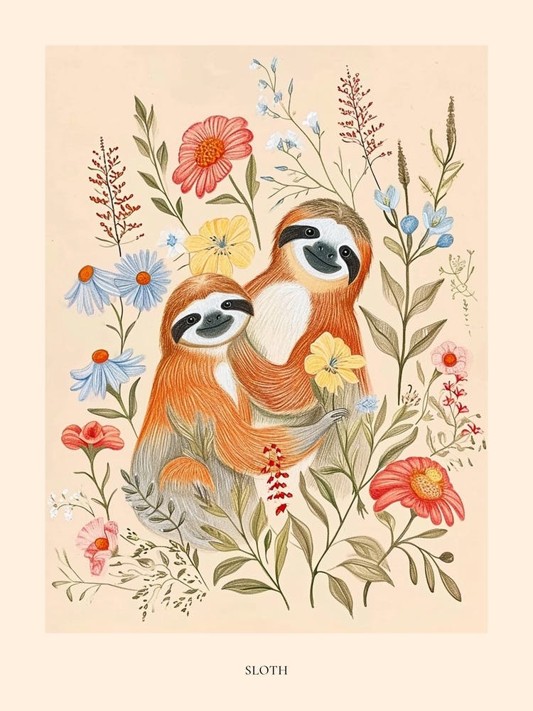 Folksy Floral Animal Drawing Sloth 2 Poster