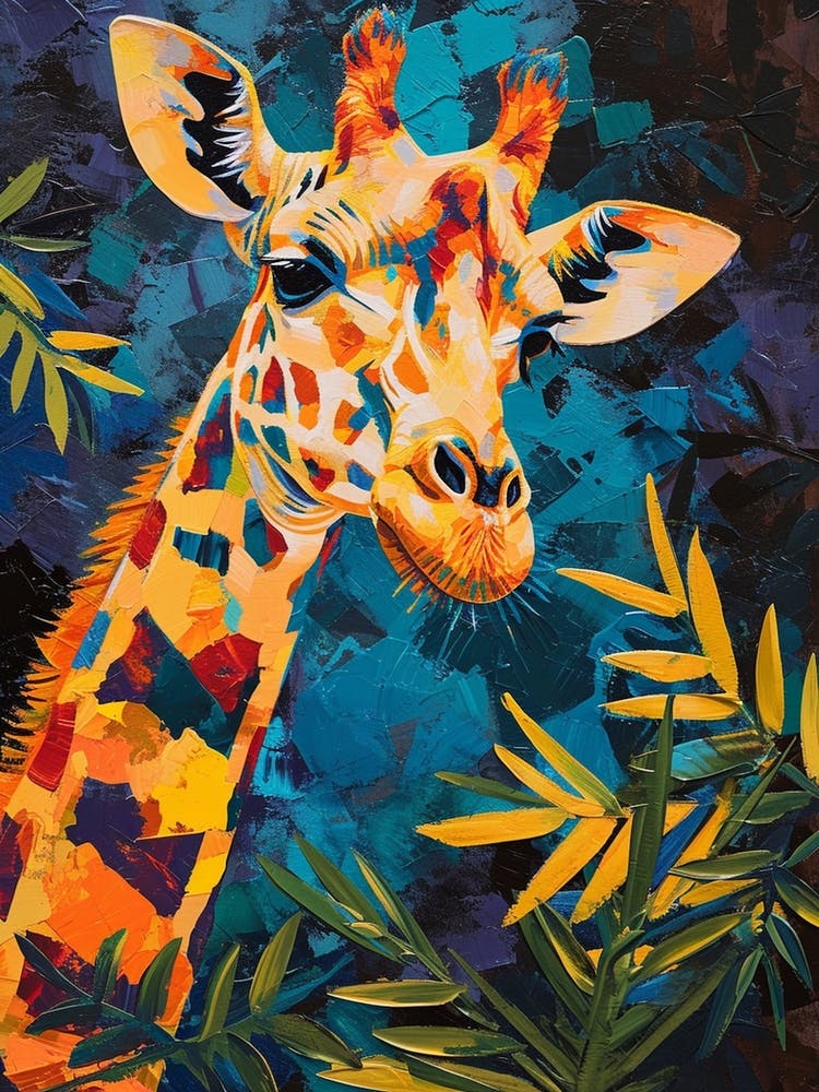 Colourful Giraffe In The Leaves Oil Painting Inspired 1