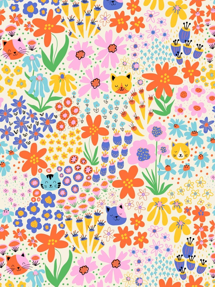 Happy Cats Wild Flowers Vibrant Multicolor on Beige Kids
