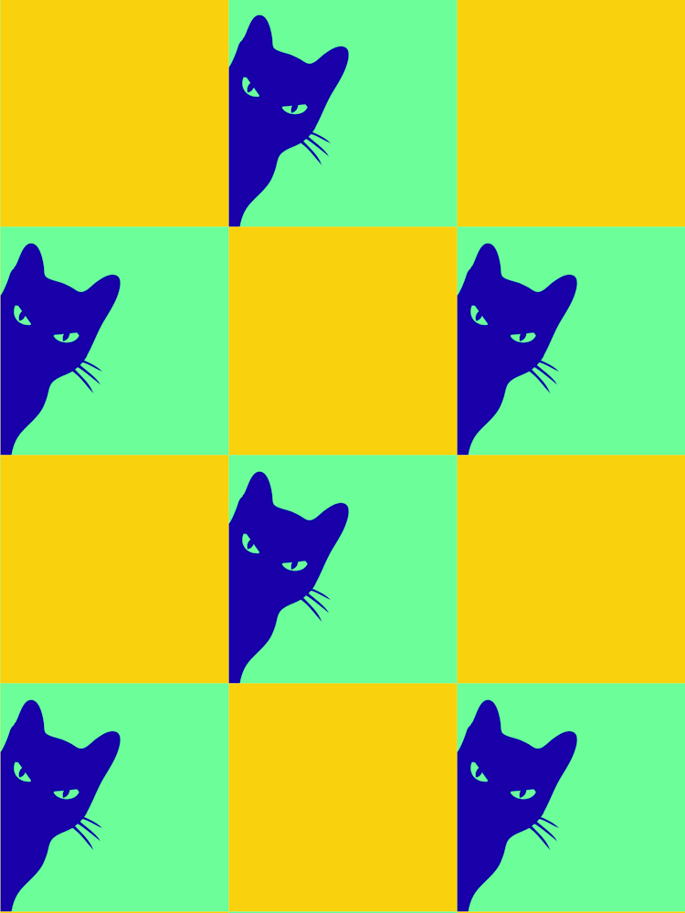 Playful Checker Board Cat Peeping Pattern 7 In Sunshine Yellow Fluorescent Green Sappine Blue 01