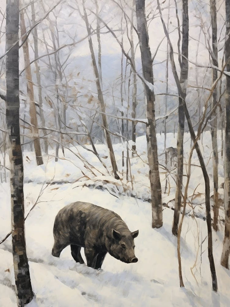 Vintage Winter Animal Painting Wild Boar 4