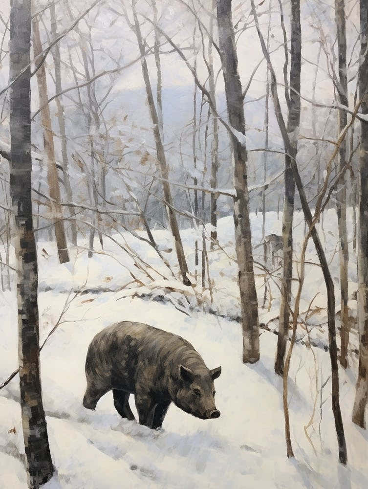 Vintage Winter Animal Painting Wild Boar 4