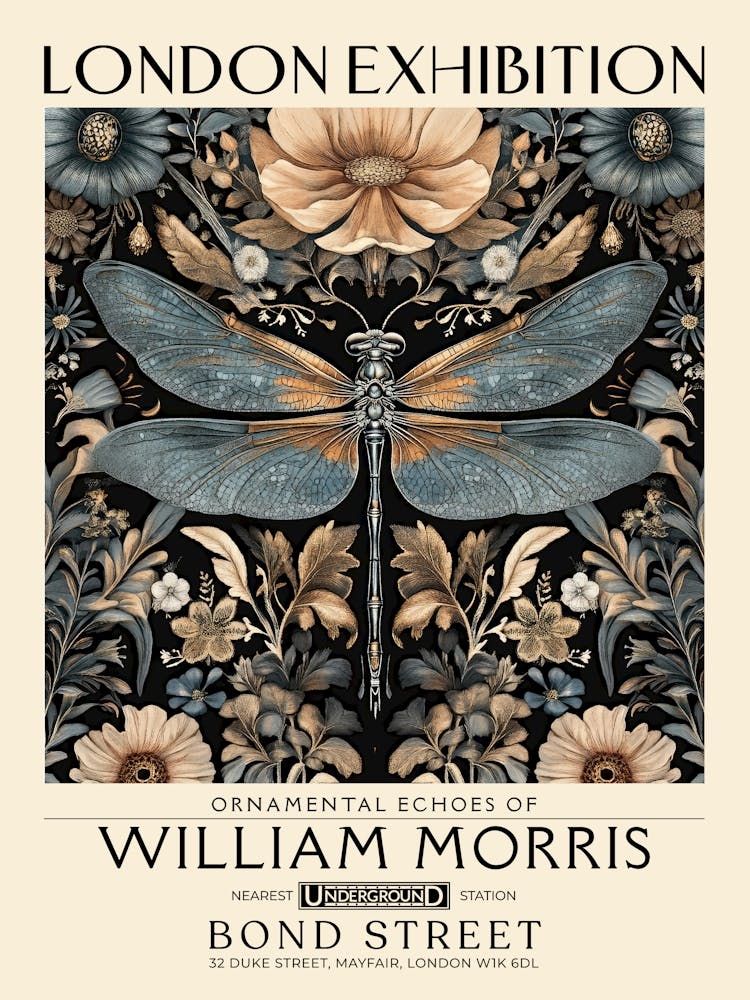 William Morris Dragonfly and floral artwork in Warm earth tones, insect and flower pattern dark academia library Botanical vintage print, living room vintage decor Floral tapestry Victorian nature art 24