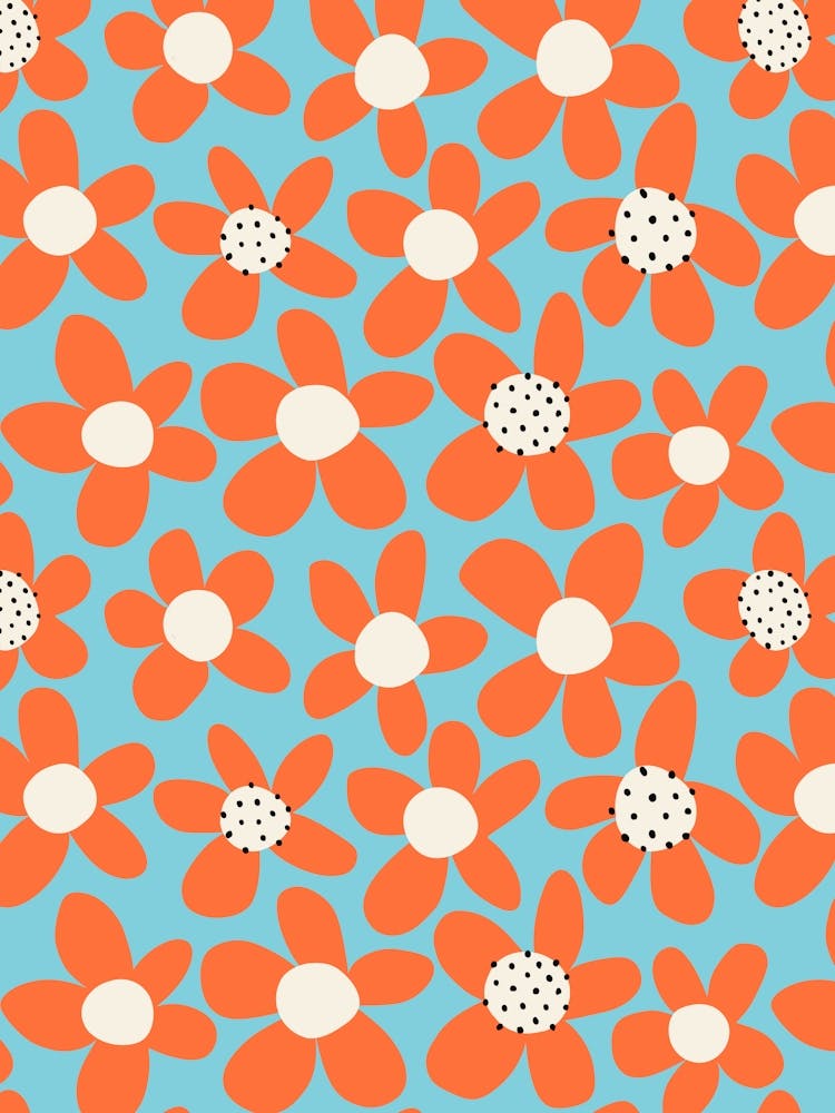 Playful Blooming Flowers Scarlet Red On Turquoise