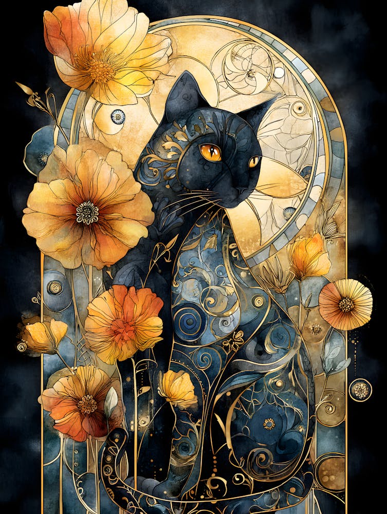 Black Cat With Flowers 5