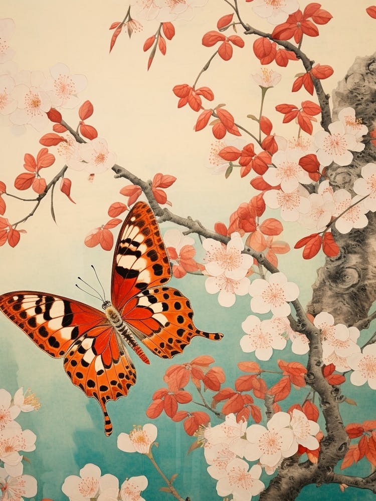 Cherry Blossom Orange Butterfly Japanese Painting Style