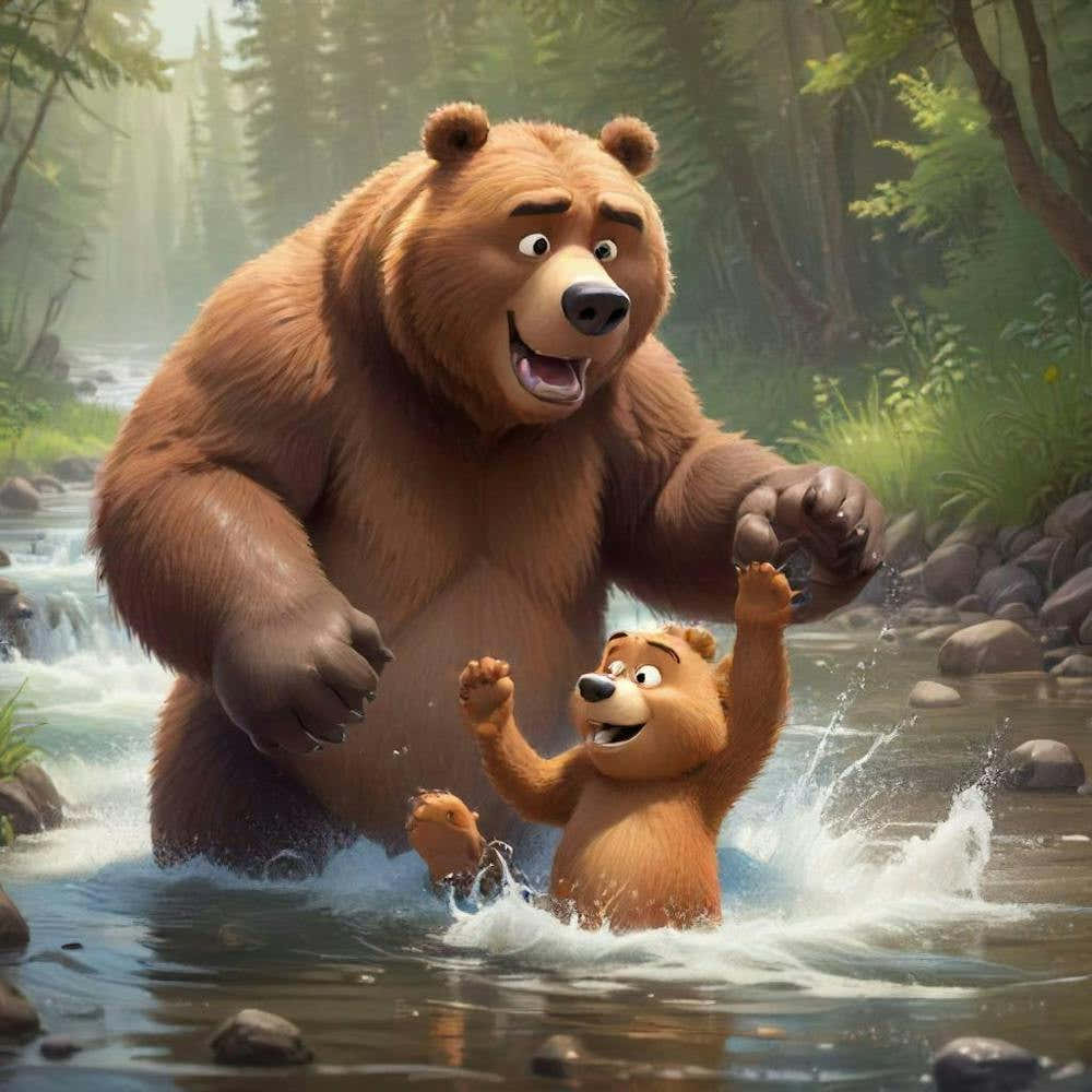 Cartoon Papa And Baby Bear Splashing