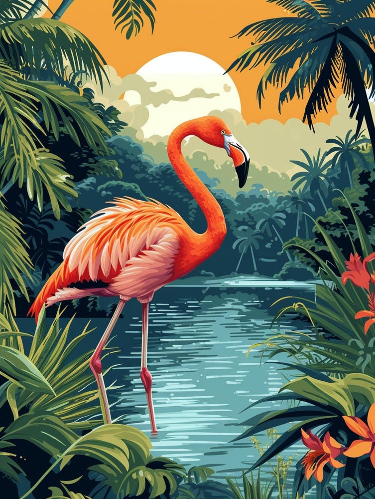 Greater Flamingo Rio Lagartos Yucatan Mexico Tropical Illustration 4