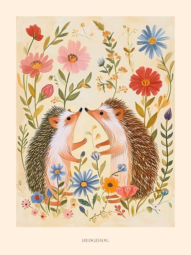 Folksy Floral Animal Drawing Hedgehog 4 Poster